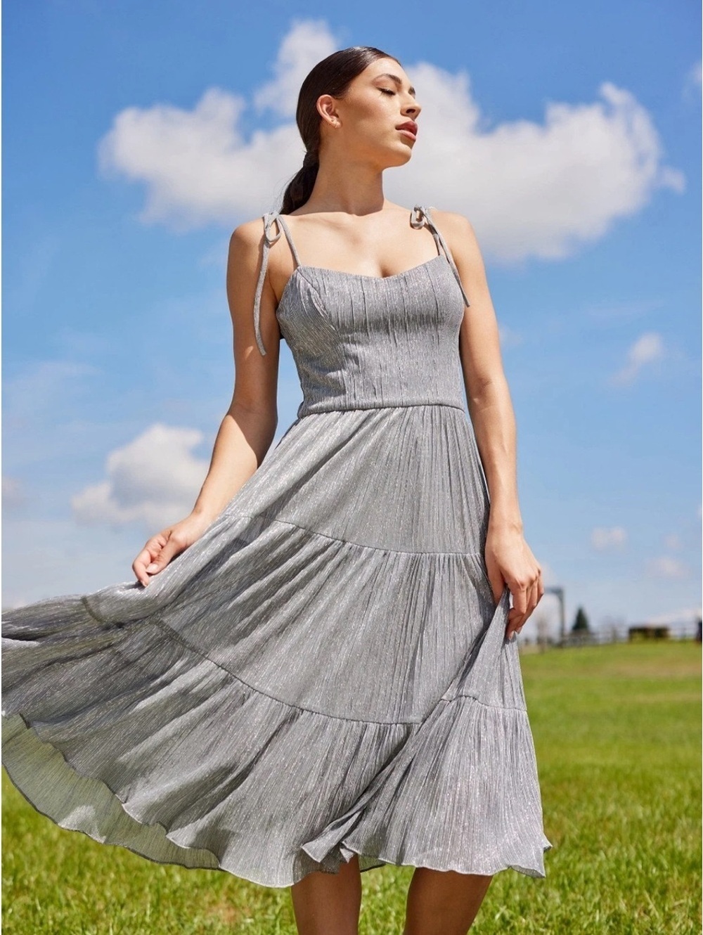 Dress the Population Dreams Metallic Tiered Midi Dress NWT SIZE S